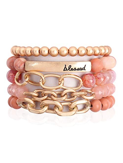 Riah Fashion Inspirational Message Stretch Prayer Bead Bracelet - Christian Bible Cuff Blessed, Faith, Love, Hope Natural Stone, Multi Layer Stacking Strand Bangle Set