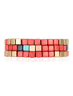 Bohemian Stretch Statement Bracelet - Geometric Coated Metal Colorful Cube, Chevron, Hexagon Block Adjustable Cuff Bangle Multi Layer Set