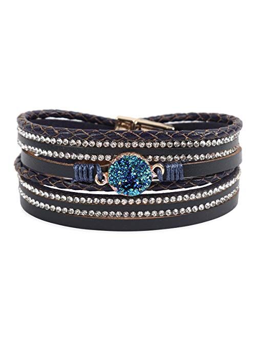 RIAH FASHION Bohemian Leatherette Wrap Multi Layer Statement Bracelet - Wrist Cuff Cubic Rhinestone, Sparkly Bead, Faux Druzy Crystal, Natural Stone Pearl