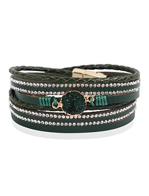 RIAH FASHION Bohemian Leatherette Wrap Multi Layer Statement Bracelet - Wrist Cuff Cubic Rhinestone, Sparkly Bead, Faux Druzy Crystal, Natural Stone Pearl