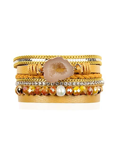 RIAH FASHION Bohemian Leatherette Wrap Multi Layer Statement Bracelet - Wrist Cuff Cubic Rhinestone, Sparkly Bead, Faux Druzy Crystal, Natural Stone Pearl