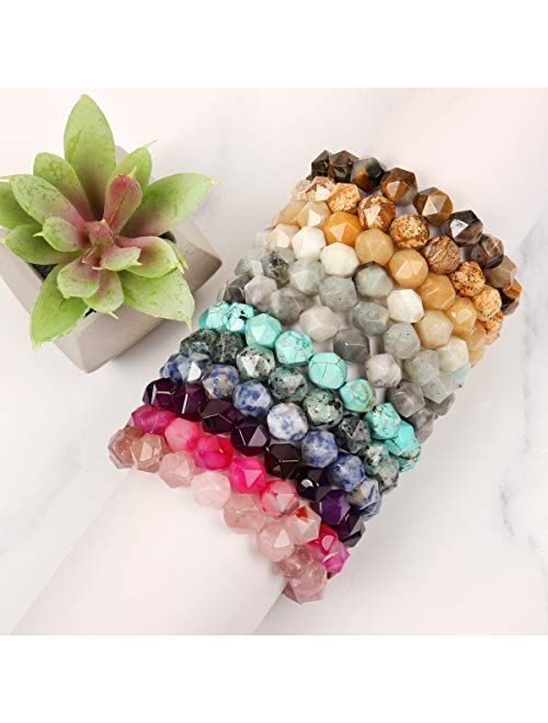 RIAH FASHION Bohemian Natural Semi Precious Stone Bead Bracelet - Healing Gem Chakra Prayer Friendship Slide Adjustable Bolo Cuff Bangle Faceted Jewel Charm