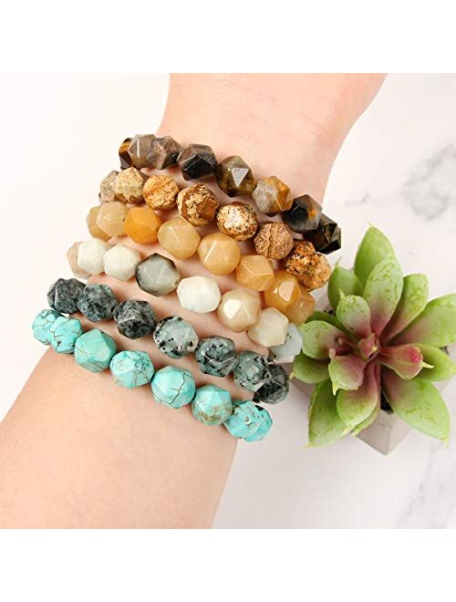 RIAH FASHION Bohemian Natural Semi Precious Stone Bead Bracelet - Healing Gem Chakra Prayer Friendship Slide Adjustable Bolo Cuff Bangle Faceted Jewel Charm