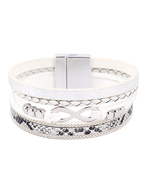 Riah Fashion Bohemian Faux Leather Wrap Multi Layer Statement Bracelet - Boho Leatherette Bangle Cuff Crystal Rhinestone, Metallic Bead, Acrylic Pearl