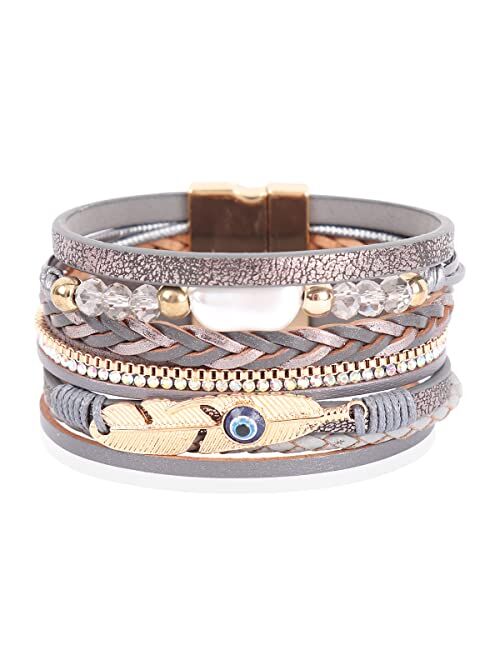 Riah Fashion Bohemian Faux Leather Wrap Multi Layer Statement Bracelet - Boho Leatherette Bangle Cuff Crystal Rhinestone, Metallic Bead, Acrylic Pearl