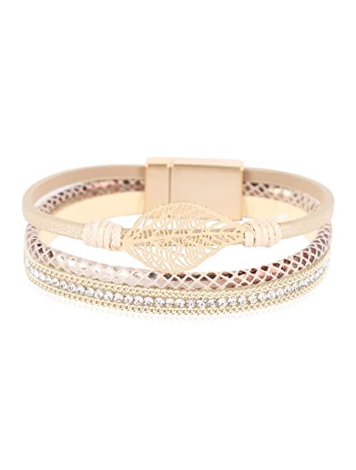 Riah Fashion Bohemian Faux Leather Wrap Multi Layer Statement Bracelet - Boho Leatherette Bangle Cuff Crystal Rhinestone, Metallic Bead, Acrylic Pearl