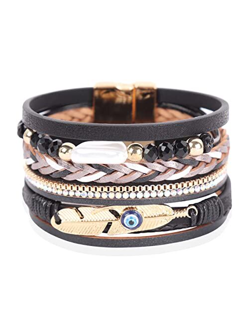 Riah Fashion Bohemian Faux Leather Wrap Multi Layer Statement Bracelet - Boho Leatherette Bangle Cuff Crystal Rhinestone, Metallic Bead, Acrylic Pearl