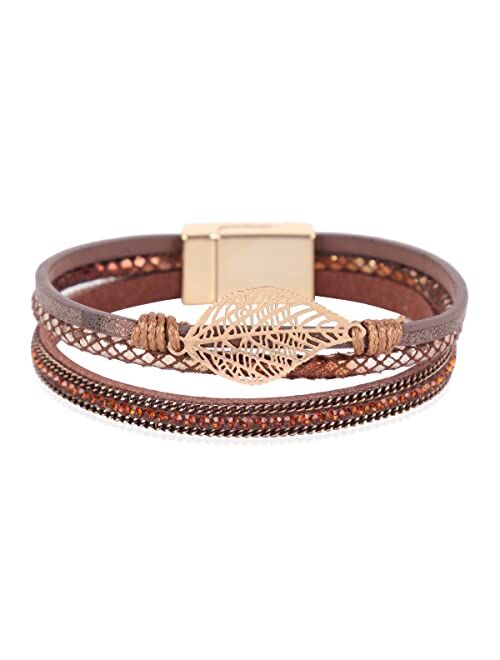 Riah Fashion Bohemian Faux Leather Wrap Multi Layer Statement Bracelet - Boho Leatherette Bangle Cuff Crystal Rhinestone, Metallic Bead, Acrylic Pearl