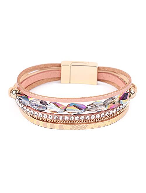 Riah Fashion Bohemian Faux Leather Wrap Multi Layer Statement Bracelet - Boho Leatherette Bangle Cuff Crystal Rhinestone, Metallic Bead, Acrylic Pearl