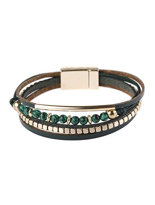 Riah Fashion Bohemian Faux Leather Wrap Multi Layer Statement Bracelet - Boho Leatherette Bangle Cuff Crystal Rhinestone, Metallic Bead, Acrylic Pearl