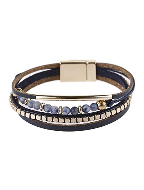 Riah Fashion Bohemian Faux Leather Wrap Multi Layer Statement Bracelet - Boho Leatherette Bangle Cuff Crystal Rhinestone, Metallic Bead, Acrylic Pearl