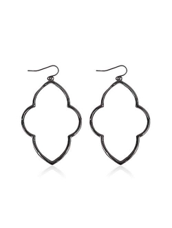 Bohemian Geometric Cut-Out Drop Earrings - Simple Metallic Open Hoop Dangles Moroccan Cloud, Clover Floral Quatrefoil, Infinity Leaf