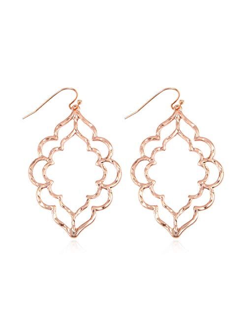 Riah Fashion Bohemian Geometric Cut-Out Drop Earrings - Simple Metallic Open Hoop Dangles Moroccan Cloud, Clover Floral Quatrefoil, Infinity Leaf