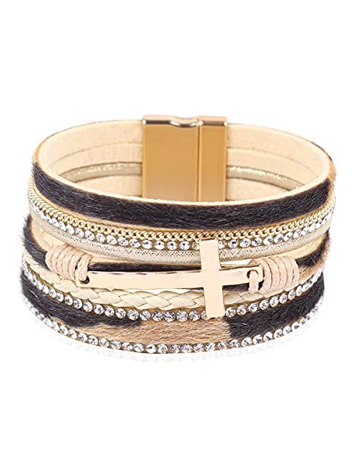 Riah Fashion Bohemian Faux Leather Wrap Multi Layer Statement Bracelet - Cross Christian Religious Leatherette Cuff Crystal Rhinestone, Metallic Bead, Acrylic Pearl Bangle