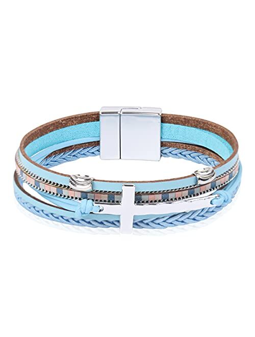 Riah Fashion Bohemian Faux Leather Wrap Multi Layer Statement Bracelet - Cross Christian Religious Leatherette Cuff Crystal Rhinestone, Metallic Bead, Acrylic Pearl Bangle