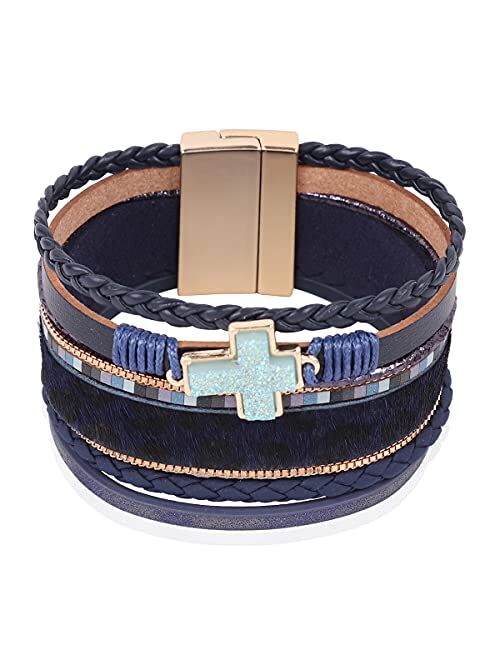 Riah Fashion Bohemian Faux Leather Wrap Multi Layer Statement Bracelet - Cross Christian Religious Leatherette Cuff Crystal Rhinestone, Metallic Bead, Acrylic Pearl Bangle