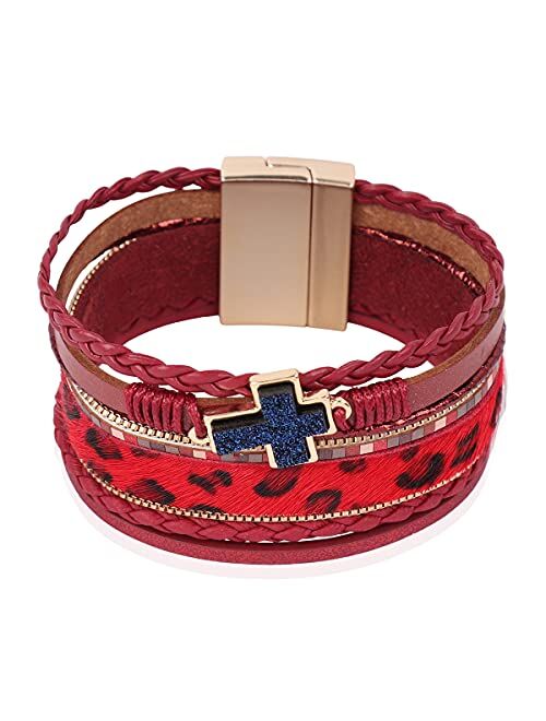 Riah Fashion Bohemian Faux Leather Wrap Multi Layer Statement Bracelet - Cross Christian Religious Leatherette Cuff Crystal Rhinestone, Metallic Bead, Acrylic Pearl Bangle