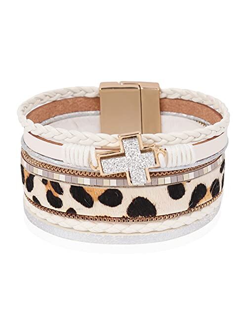 Riah Fashion Bohemian Faux Leather Wrap Multi Layer Statement Bracelet - Cross Christian Religious Leatherette Cuff Crystal Rhinestone, Metallic Bead, Acrylic Pearl Bangle