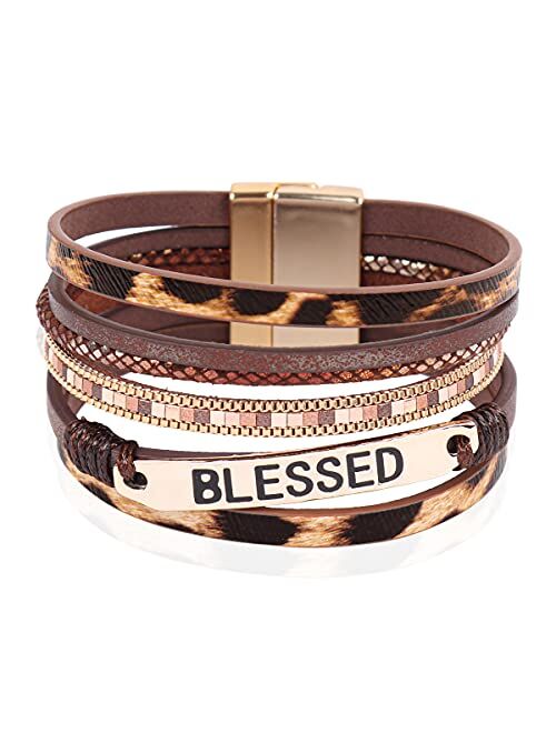 Riah Fashion Bohemian Faux Leather Wrap Multi Layer Statement Bracelet - Cross Christian Religious Leatherette Cuff Crystal Rhinestone, Metallic Bead, Acrylic Pearl Bangle