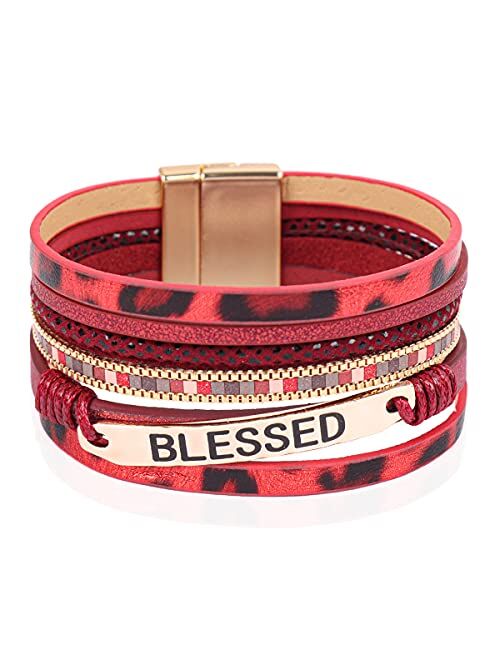 Riah Fashion Bohemian Faux Leather Wrap Multi Layer Statement Bracelet - Cross Christian Religious Leatherette Cuff Crystal Rhinestone, Metallic Bead, Acrylic Pearl Bangle