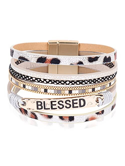 Riah Fashion Bohemian Faux Leather Wrap Multi Layer Statement Bracelet - Cross Christian Religious Leatherette Cuff Crystal Rhinestone, Metallic Bead, Acrylic Pearl Bangle