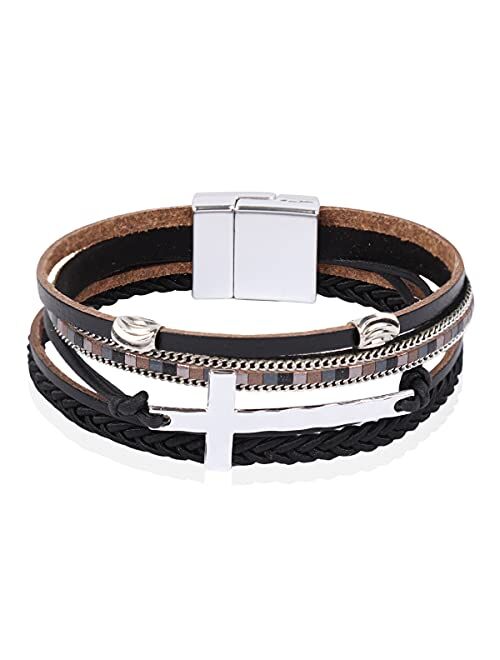 Riah Fashion Bohemian Faux Leather Wrap Multi Layer Statement Bracelet - Cross Christian Religious Leatherette Cuff Crystal Rhinestone, Metallic Bead, Acrylic Pearl Bangle