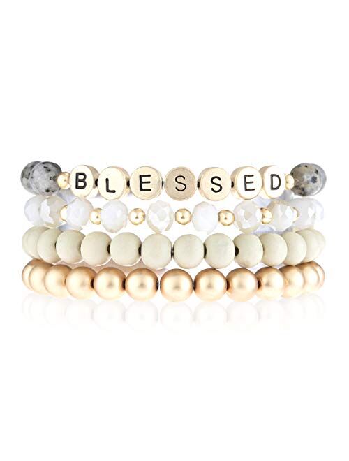 Riah Fashion Inspirational Lettering Beaded Stretch Bracelet - Religious Christian Cross Strand Natural Stone, Sparkly Crystal Prayer Cuff Bangle