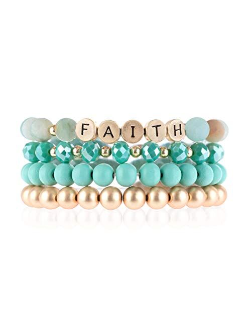 Riah Fashion Inspirational Lettering Beaded Stretch Bracelet - Religious Christian Cross Strand Natural Stone, Sparkly Crystal Prayer Cuff Bangle