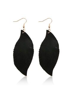 Bohemian Genuine Suede Real Leather Leaf Drop Earrings - Lightweight Feather Shape Tassel Dangles Fringe, Angel Wing