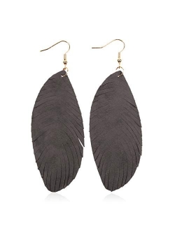 Bohemian Genuine Suede Real Leather Leaf Drop Earrings - Lightweight Feather Shape Tassel Dangles Fringe, Angel Wing