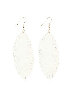 Bohemian Genuine Suede Real Leather Leaf Drop Earrings - Lightweight Feather Shape Tassel Dangles Fringe, Angel Wing