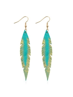 Bohemian Genuine Suede Real Leather Leaf Drop Earrings - Lightweight Feather Shape Tassel Dangles Fringe, Angel Wing