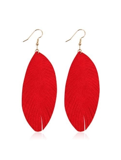 Bohemian Genuine Suede Real Leather Leaf Drop Earrings - Lightweight Feather Shape Tassel Dangles Fringe, Angel Wing