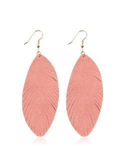 Bohemian Genuine Suede Real Leather Leaf Drop Earrings - Lightweight Feather Shape Tassel Dangles Fringe, Angel Wing