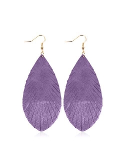 Bohemian Genuine Suede Real Leather Leaf Drop Earrings - Lightweight Feather Shape Tassel Dangles Fringe, Angel Wing