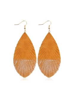 Bohemian Genuine Suede Real Leather Leaf Drop Earrings - Lightweight Feather Shape Tassel Dangles Fringe, Angel Wing