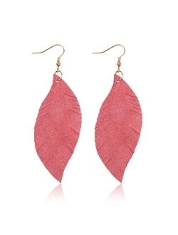 Bohemian Genuine Suede Real Leather Leaf Drop Earrings - Lightweight Feather Shape Tassel Dangles Fringe, Angel Wing