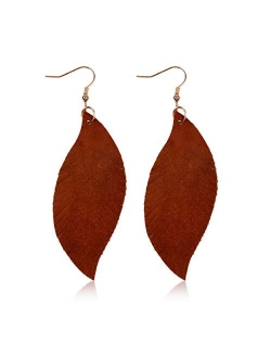 Bohemian Genuine Suede Real Leather Leaf Drop Earrings - Lightweight Feather Shape Tassel Dangles Fringe, Angel Wing