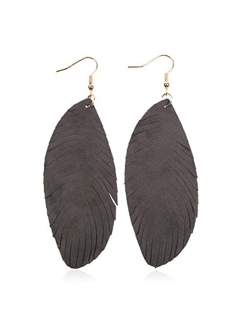 Riah Fashion Bohemian Genuine Suede Real Leather Leaf Drop Earrings - Lightweight Feather Shape Tassel Dangles Fringe, Angel Wing