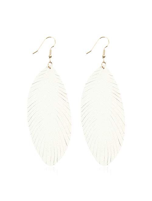 Riah Fashion Bohemian Genuine Suede Real Leather Leaf Drop Earrings - Lightweight Feather Shape Tassel Dangles Fringe, Angel Wing