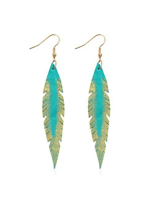 Riah Fashion Bohemian Genuine Suede Real Leather Leaf Drop Earrings - Lightweight Feather Shape Tassel Dangles Fringe, Angel Wing