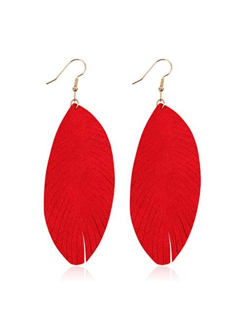 Riah Fashion Bohemian Genuine Suede Real Leather Leaf Drop Earrings - Lightweight Feather Shape Tassel Dangles Fringe, Angel Wing