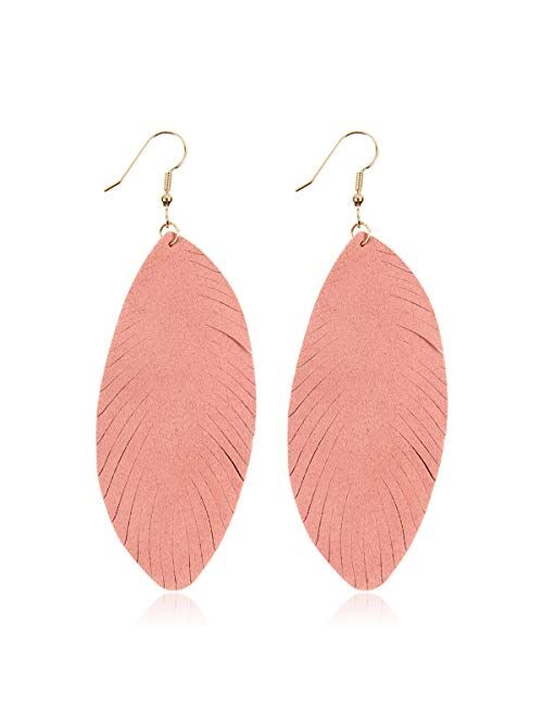 Riah Fashion Bohemian Genuine Suede Real Leather Leaf Drop Earrings - Lightweight Feather Shape Tassel Dangles Fringe, Angel Wing