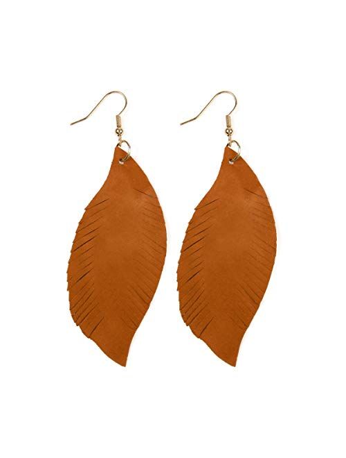 Riah Fashion Bohemian Genuine Suede Real Leather Leaf Drop Earrings - Lightweight Feather Shape Tassel Dangles Fringe, Angel Wing