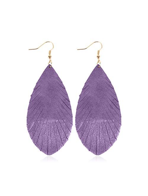 Riah Fashion Bohemian Genuine Suede Real Leather Leaf Drop Earrings - Lightweight Feather Shape Tassel Dangles Fringe, Angel Wing