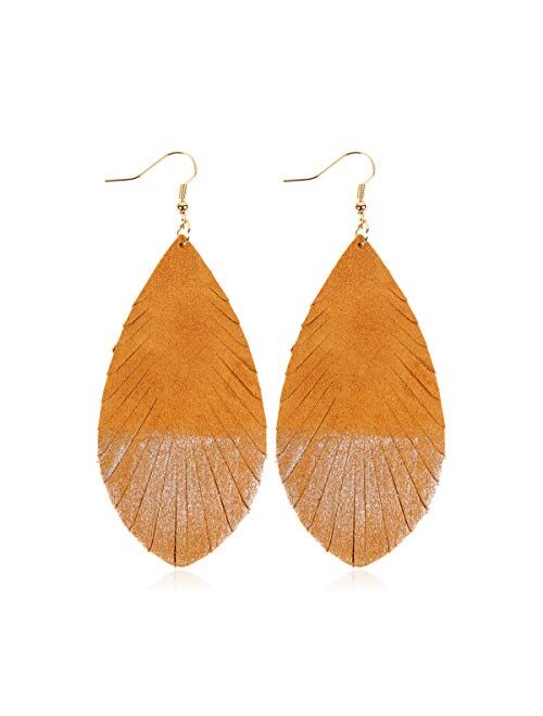 Riah Fashion Bohemian Genuine Suede Real Leather Leaf Drop Earrings - Lightweight Feather Shape Tassel Dangles Fringe, Angel Wing