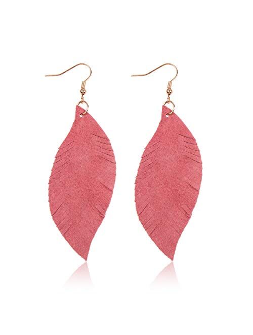 Riah Fashion Bohemian Genuine Suede Real Leather Leaf Drop Earrings - Lightweight Feather Shape Tassel Dangles Fringe, Angel Wing