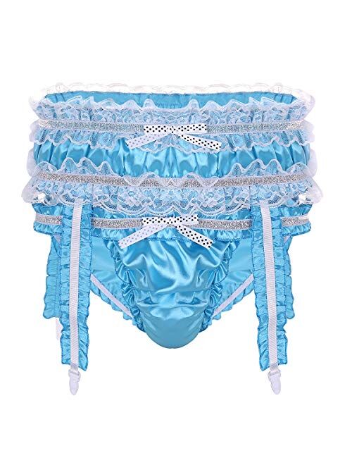 Haitryli Mens Sissy Shiny Satin Ruffled Crossdress Low Rise Bikini Briefs Lingerie Underwear Panties with Garters