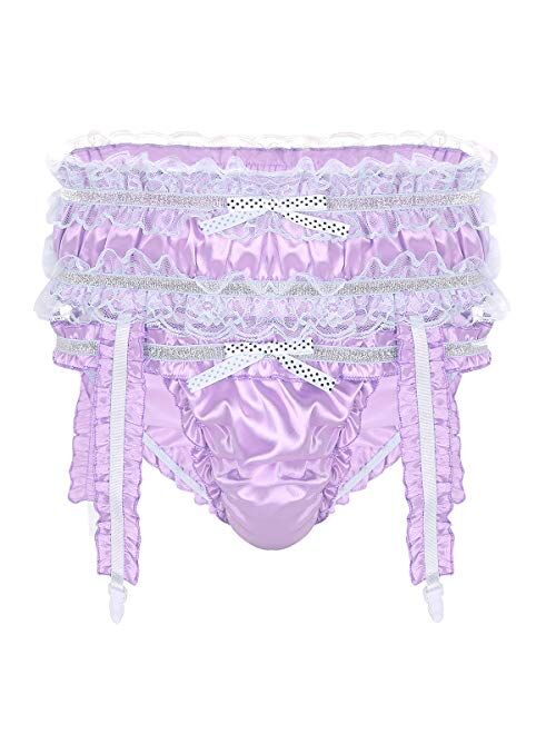 Haitryli Mens Sissy Shiny Satin Ruffled Crossdress Low Rise Bikini Briefs Lingerie Underwear Panties with Garters