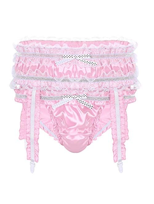 Haitryli Mens Sissy Shiny Satin Ruffled Crossdress Low Rise Bikini Briefs Lingerie Underwear Panties with Garters